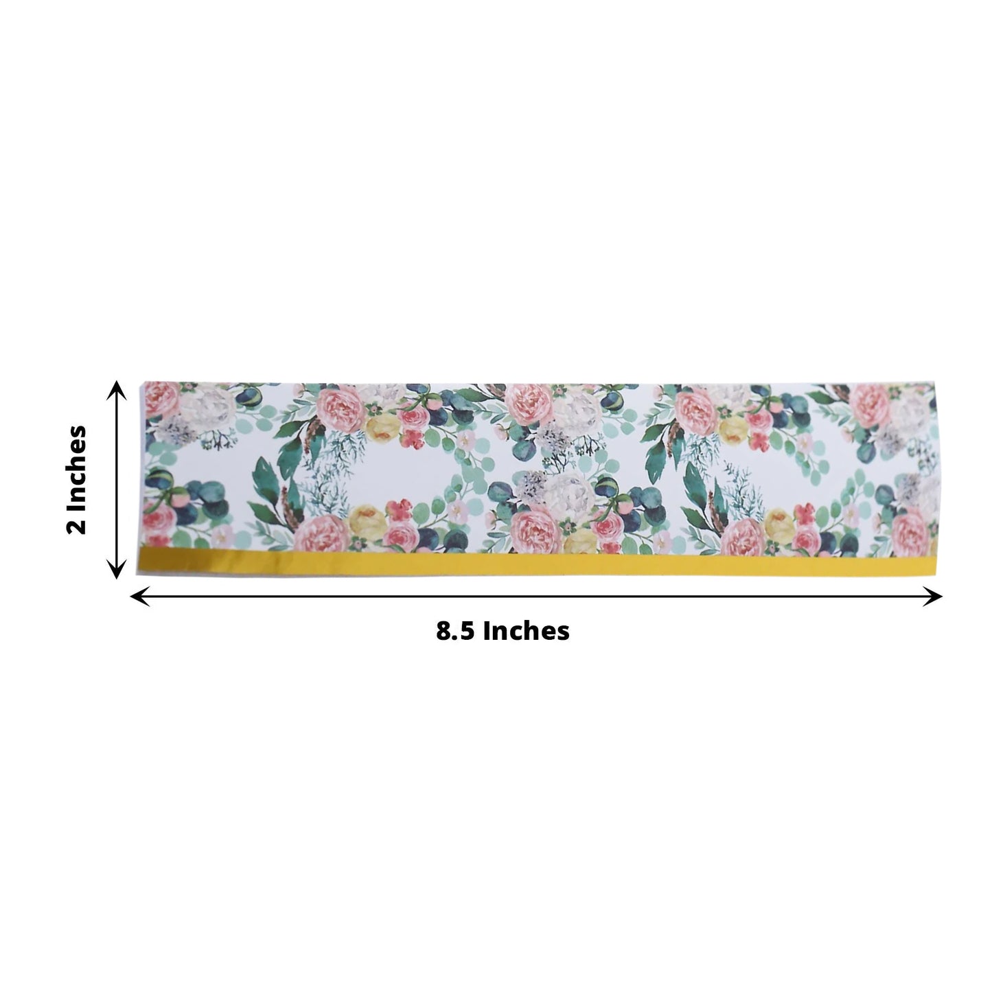 White and pink floral water bottle label with gold trim.
