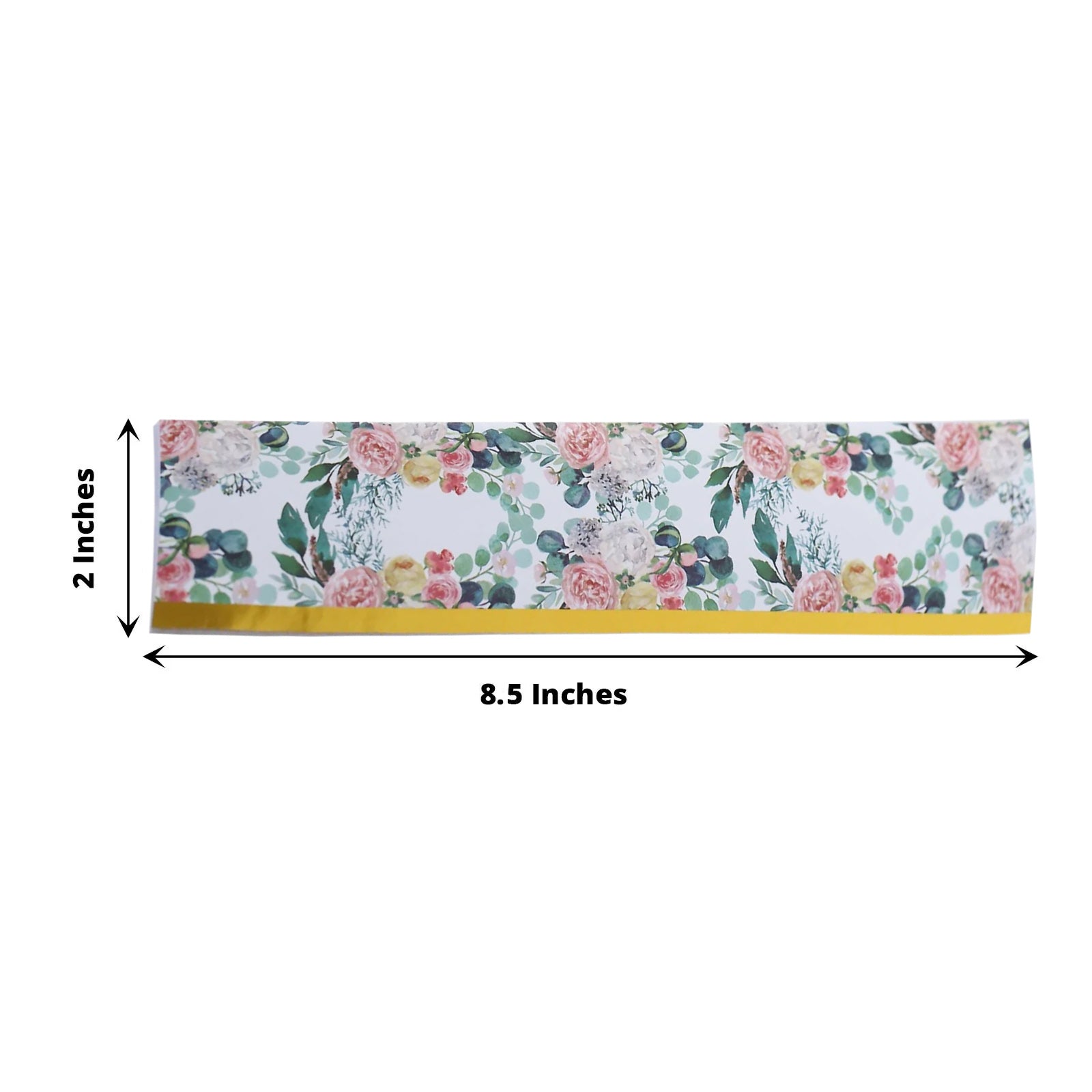 White and pink floral water bottle label with gold trim.