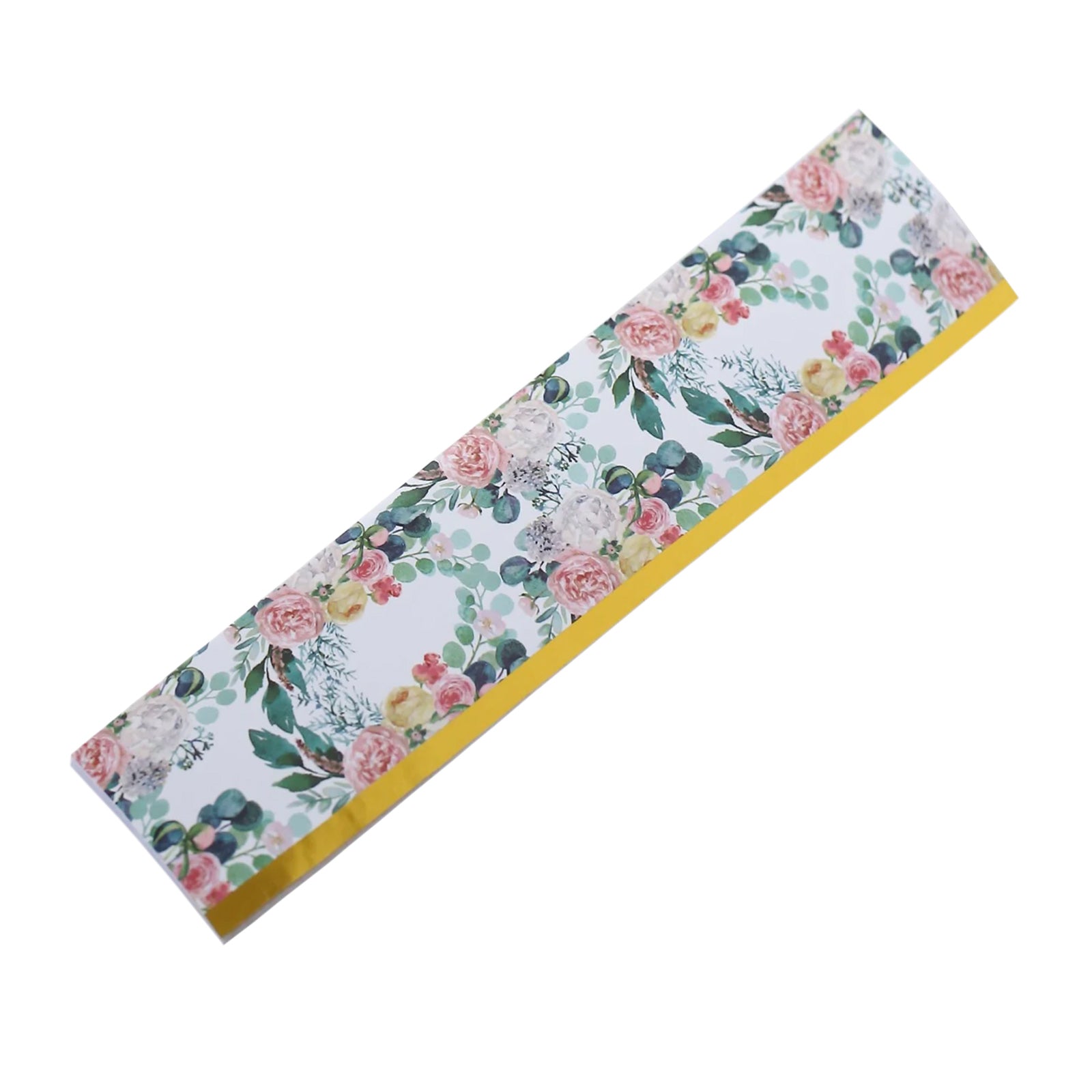 White and pink floral water bottle label with gold trim.