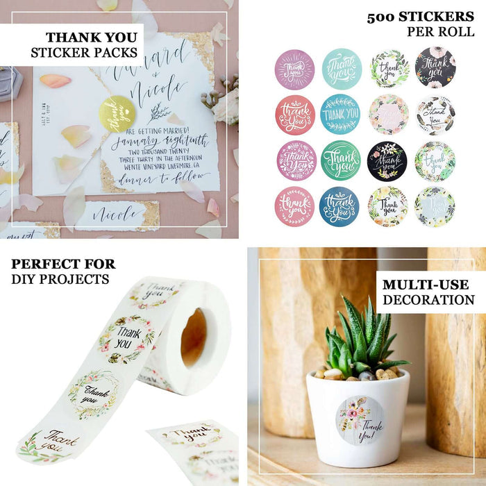 500pcs | 1.5" Thank You Black Print and Floral Design Stickers Roll, DIY Envelope Seal Labels - Round Assorted Designs