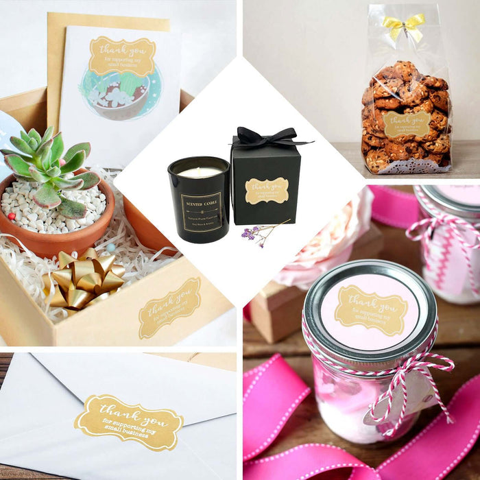 gold "Thank You for Supporting My Small Business" stickers on various gift items.