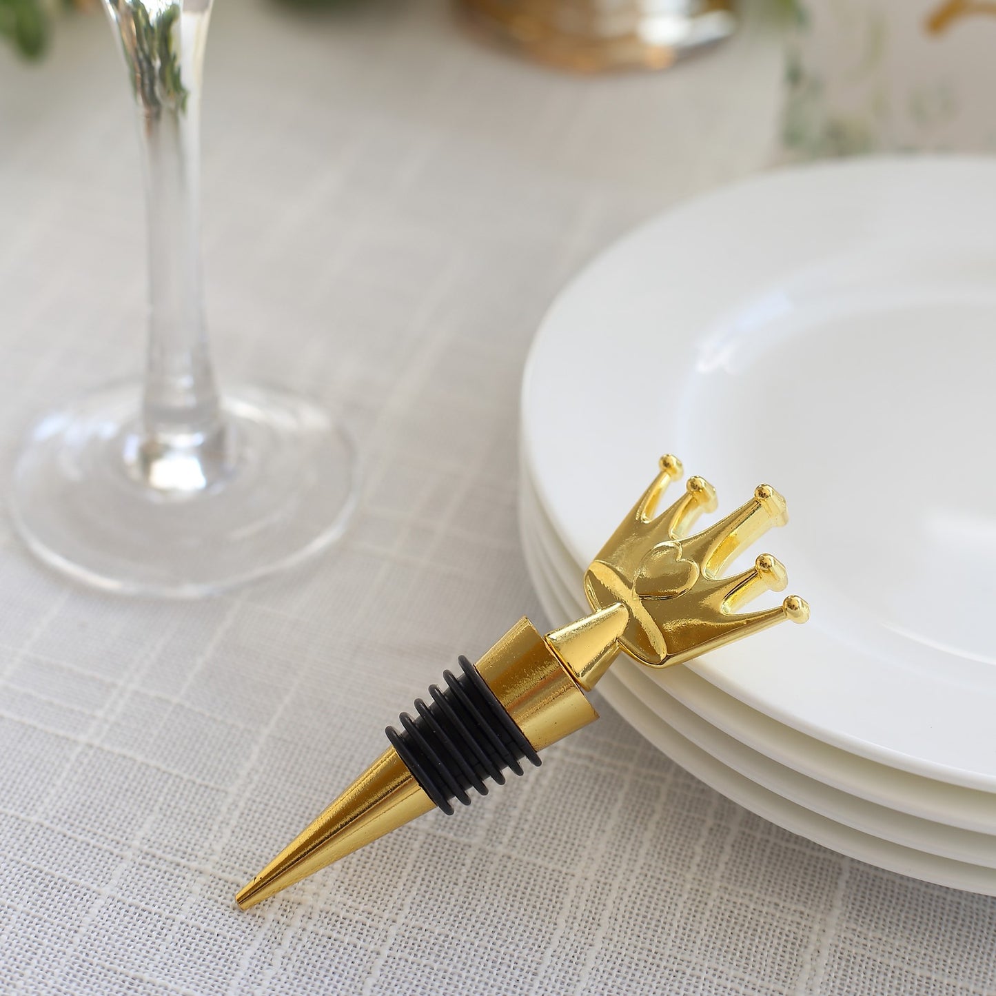 Gold metal princess crown wine bottle stopper with clear gift box and thank you tag.