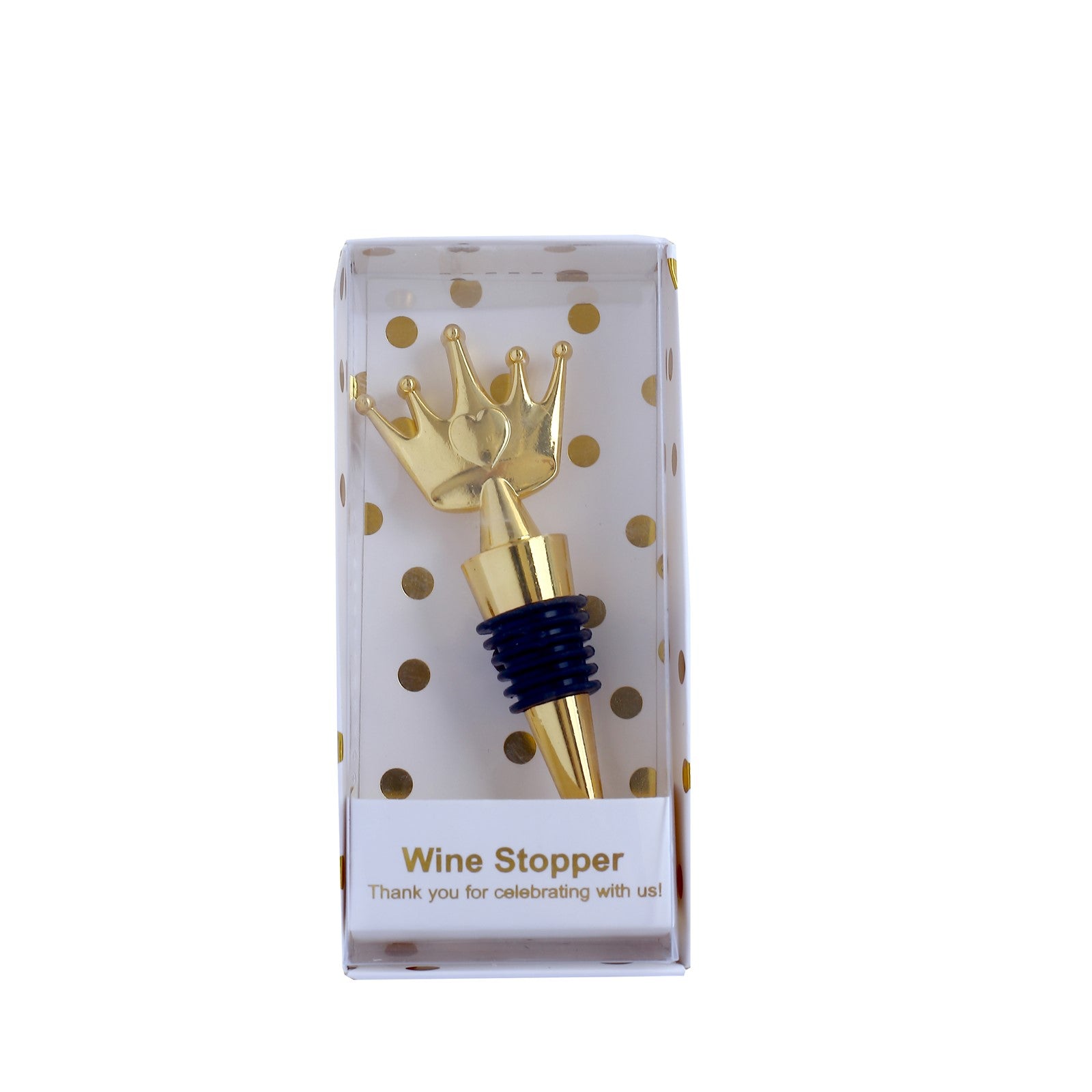 Gold metal princess crown wine bottle stopper in clear gift box with thank you tag.