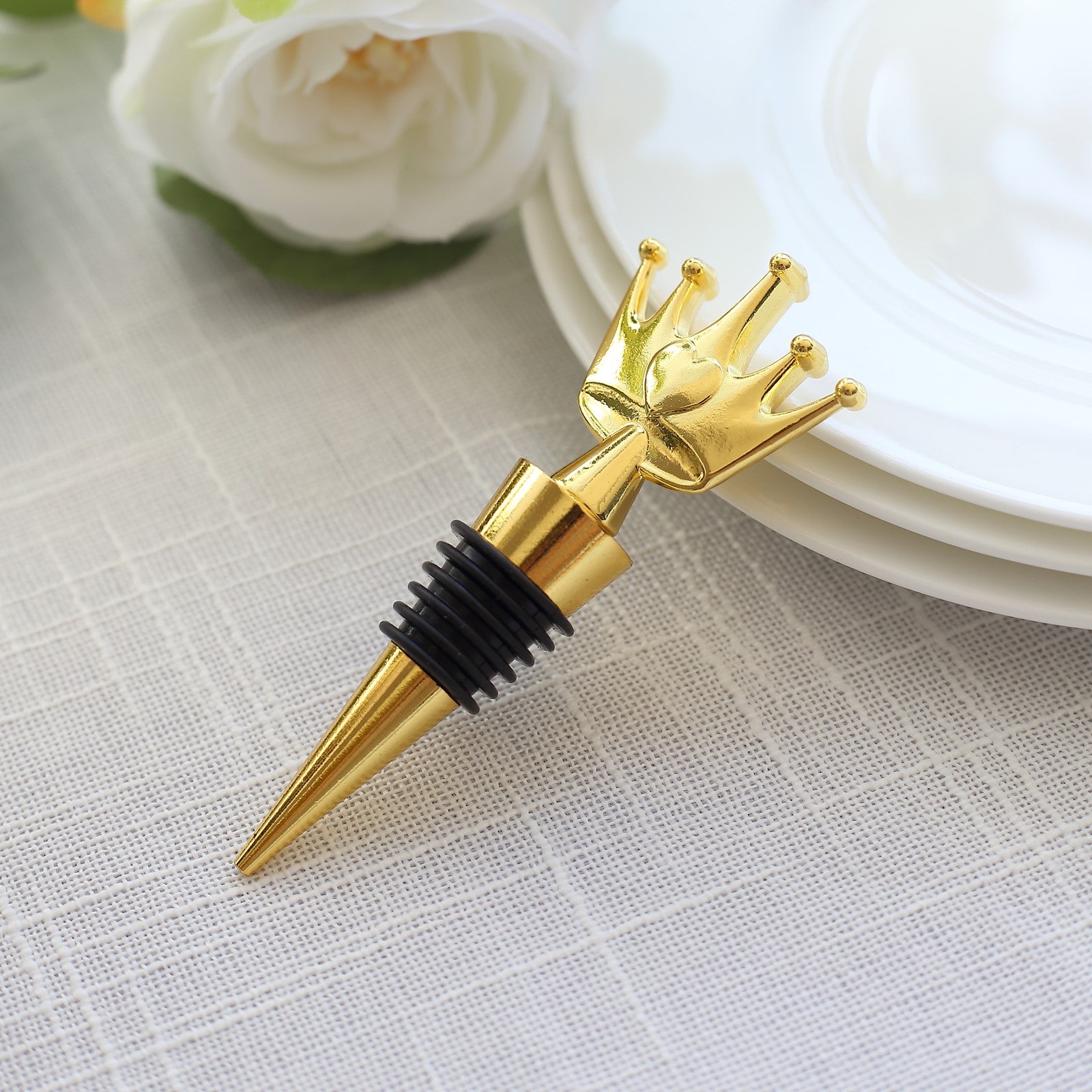 Gold metal princess crown wine bottle stopper with clear gift box.