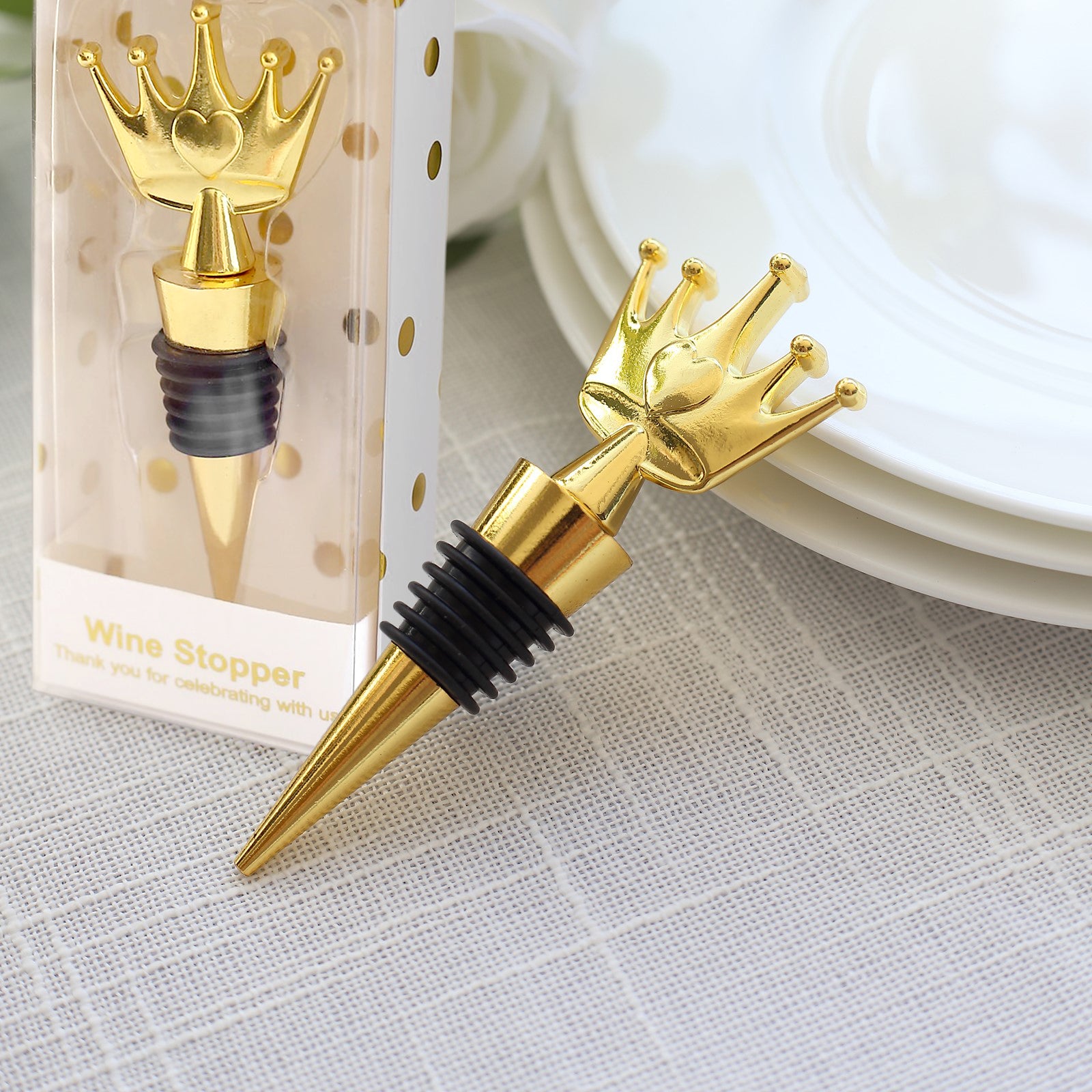 Gold metal princess crown wine bottle stopper with clear gift box.