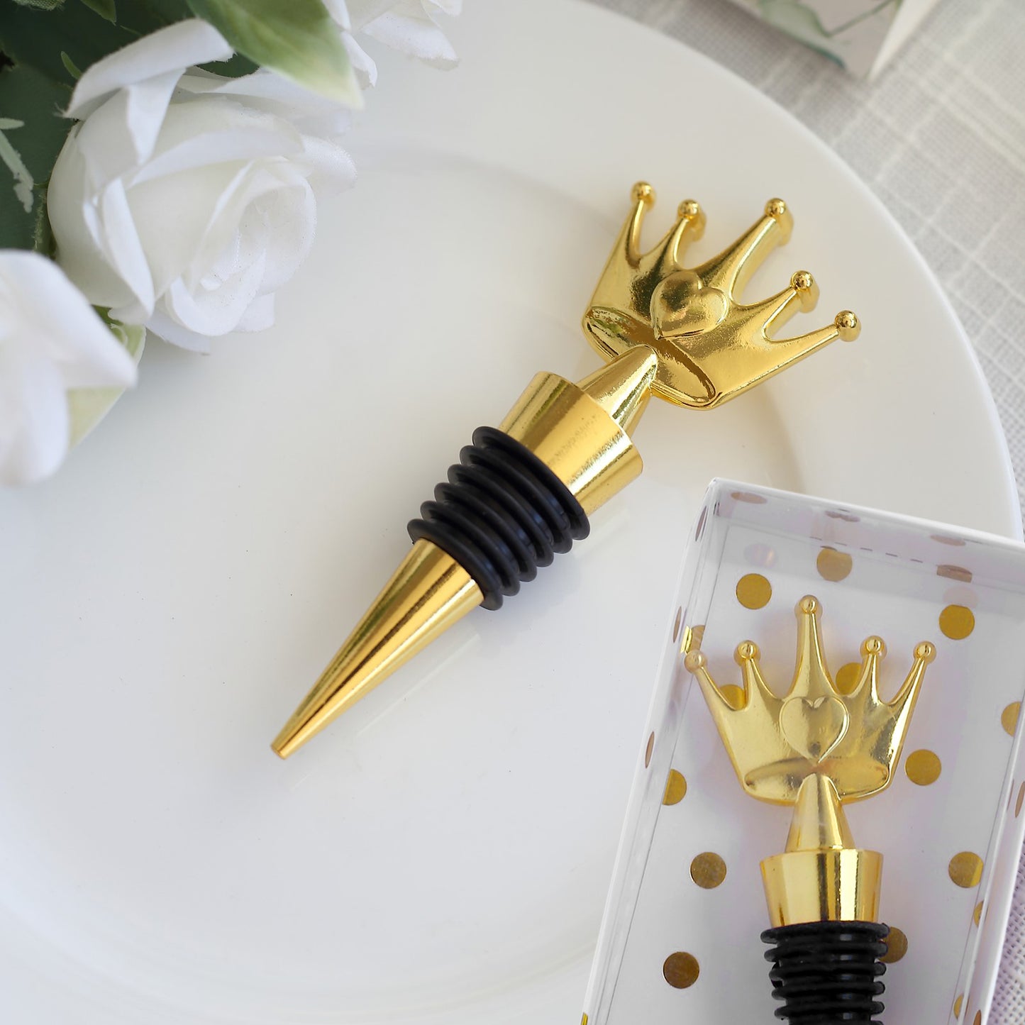 Gold metal princess crown wine bottle stopper in clear gift box.