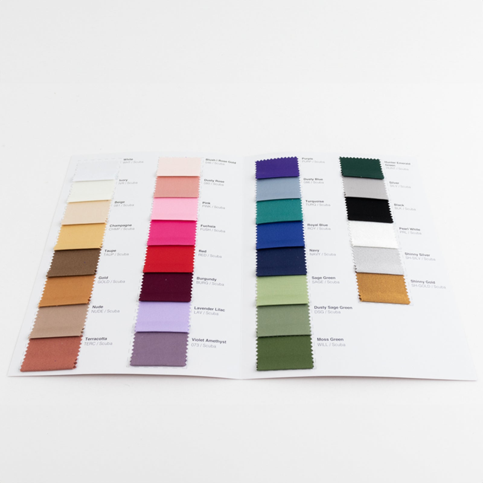 Scuba polyester fabric sample book in 30 colors for upholstery and crafts.