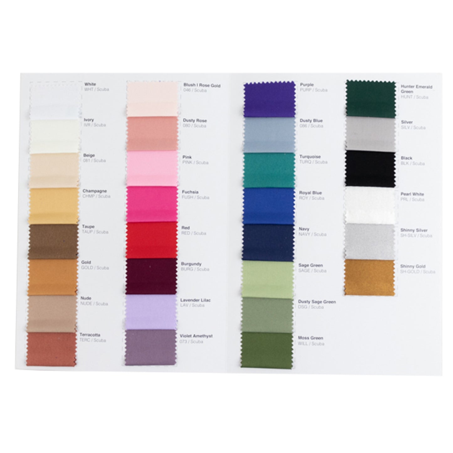 Scuba polyester fabric sample book in 30 colors for upholstery and craft projects.