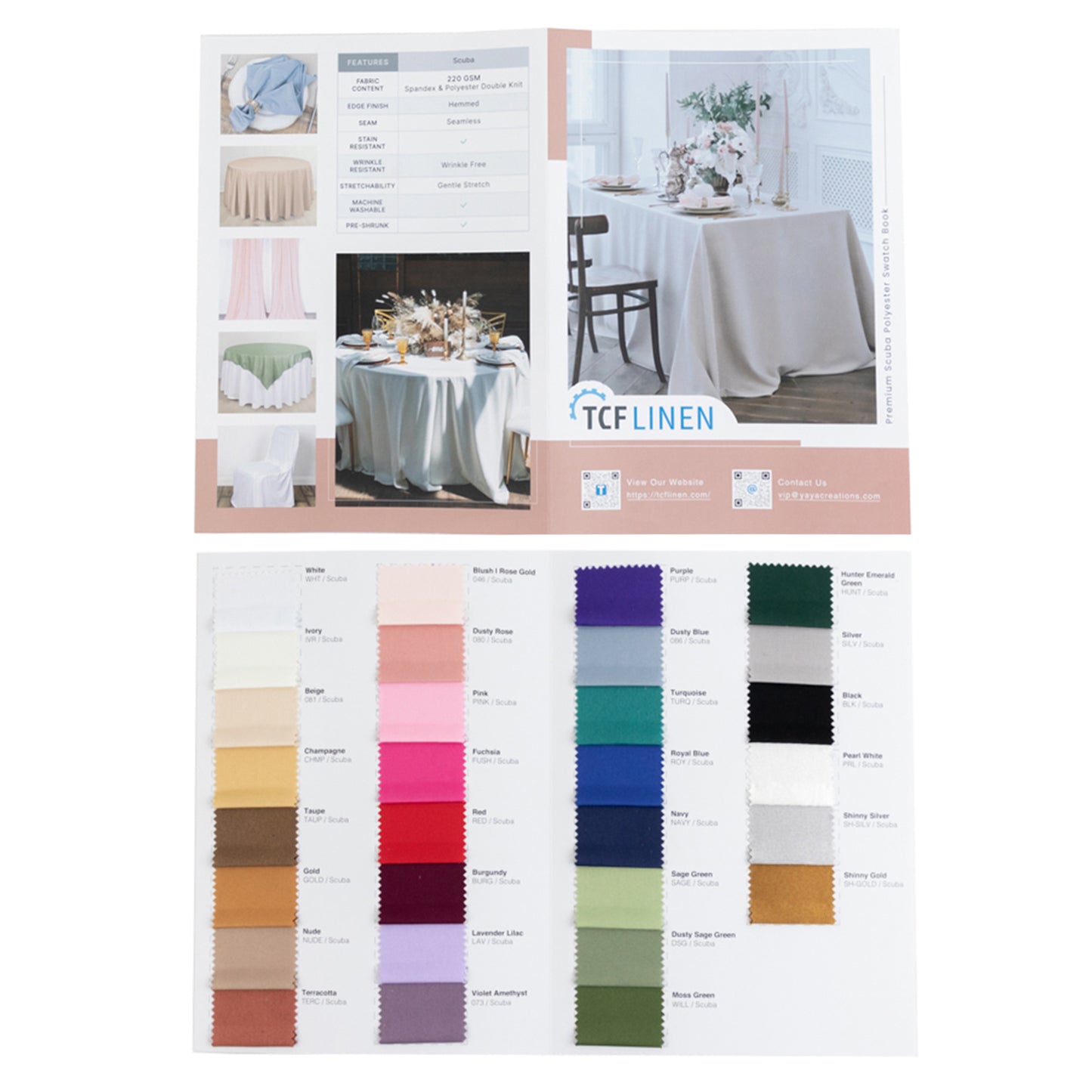 Scuba polyester fabric sample book with 30 color swatches for upholstery projects.