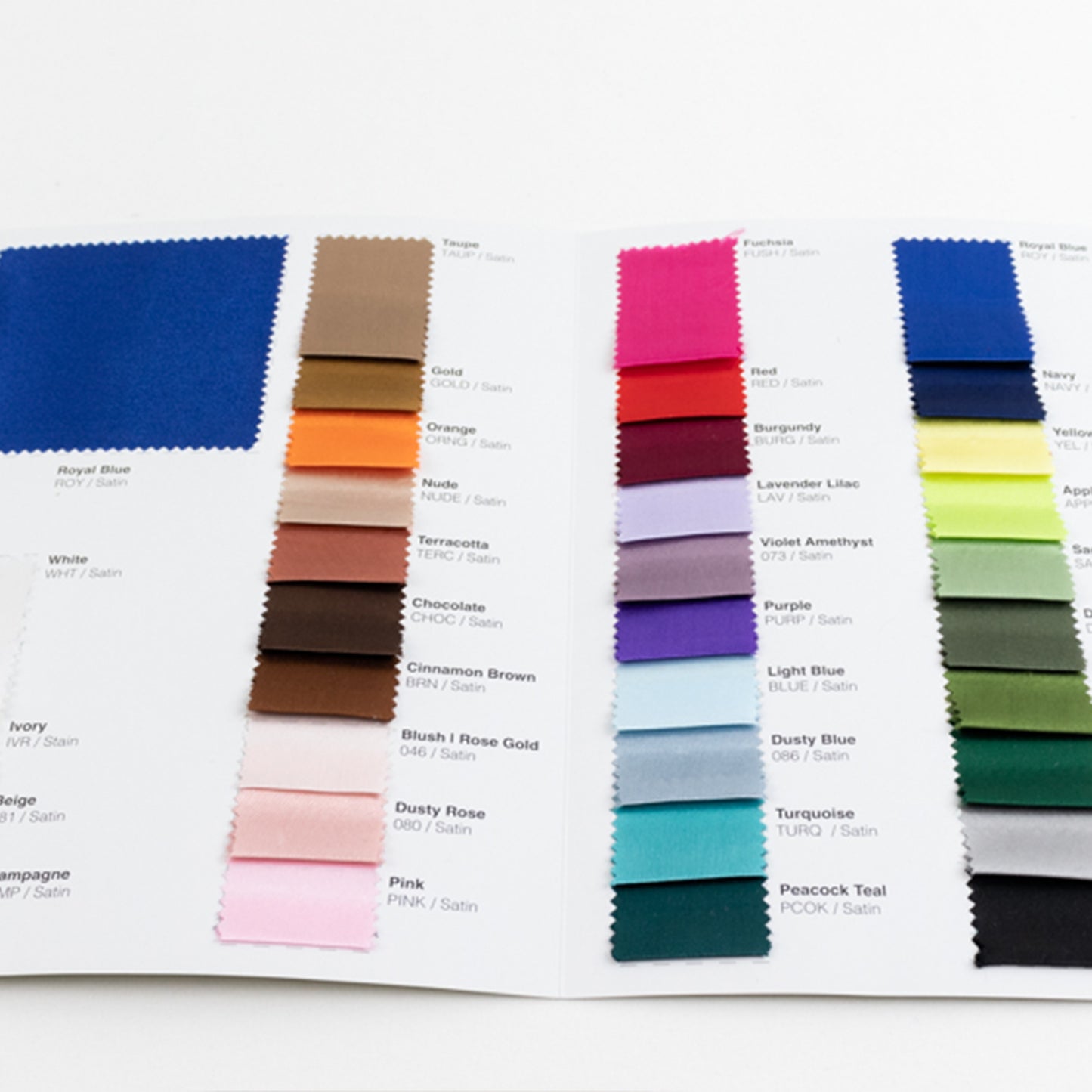 Satin Fabric Sample Book - 34 Colors, High-Quality Swatches for Upholstery, Sewing and Craft Projects
