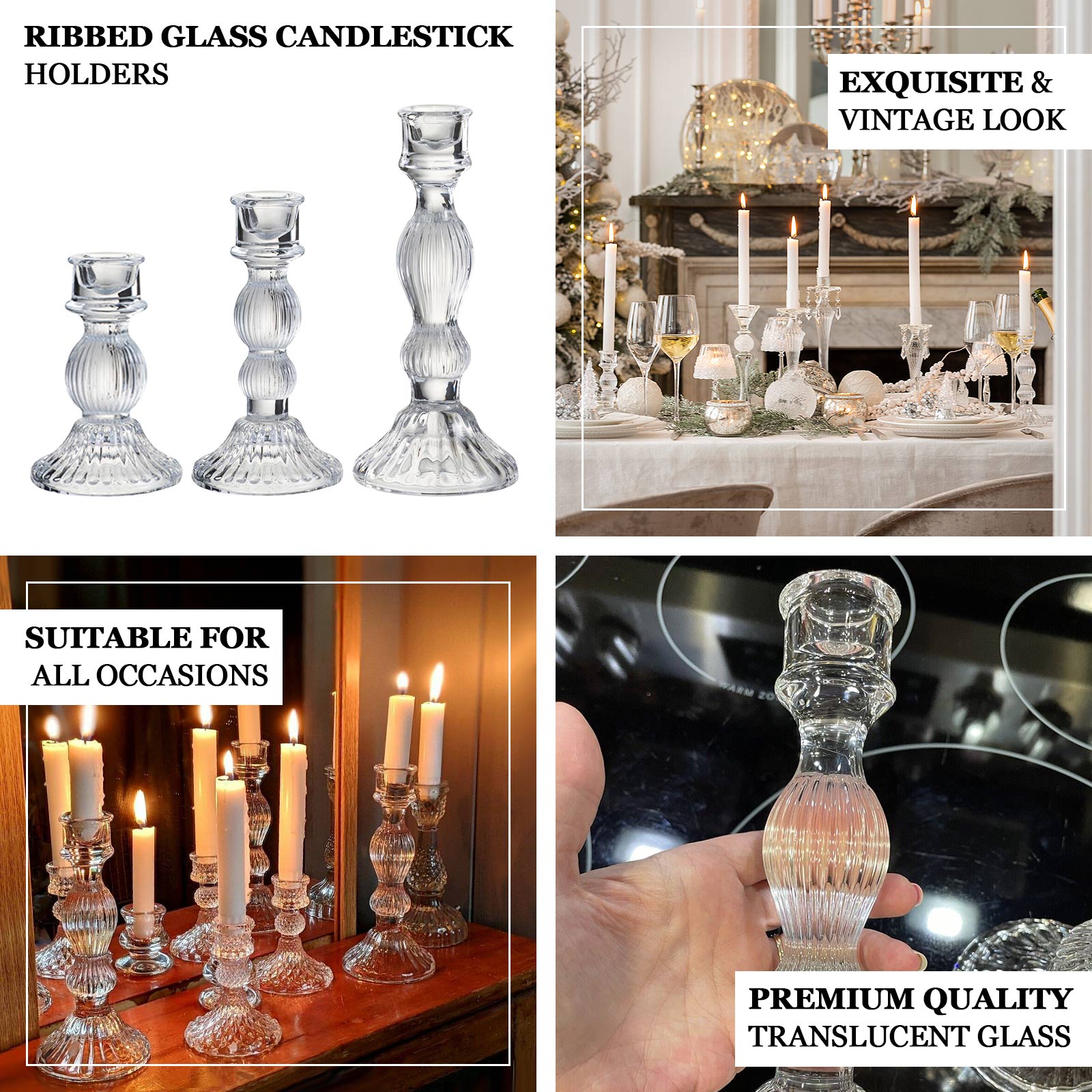 Set of 3 Clear Ribbed Glass Taper Candlestick Holders, Fluted Crystal Candle Stands - 4", 6", 8"