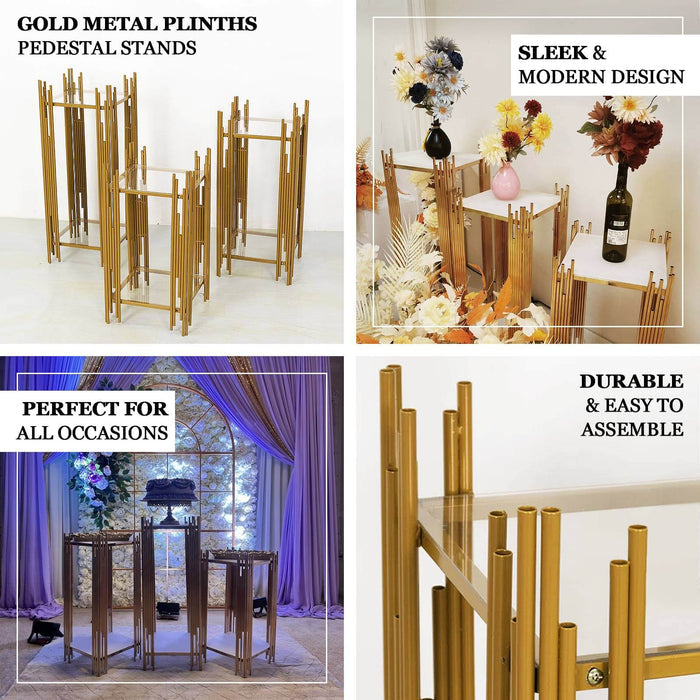 Set of 3 Gold Metal Plinths Cake Table Pedestal Stands With Square Acrylic Plates, Wedding Props Flower Display Stands - 26",30",34"