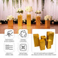 Set of 5 metallic gold spandex pedestal stand covers for events.