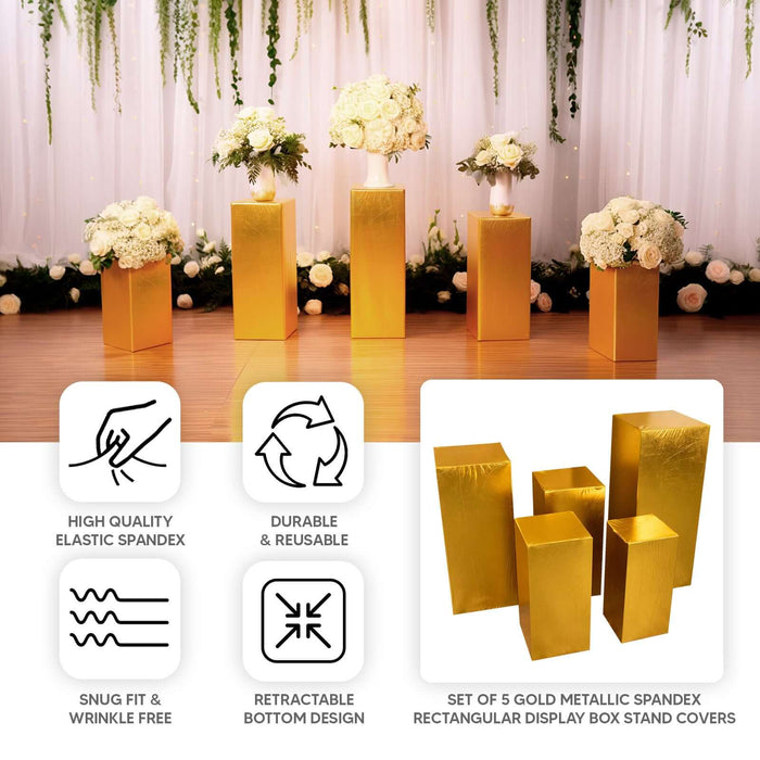 Set of 5 metallic gold spandex pedestal stand covers for events.