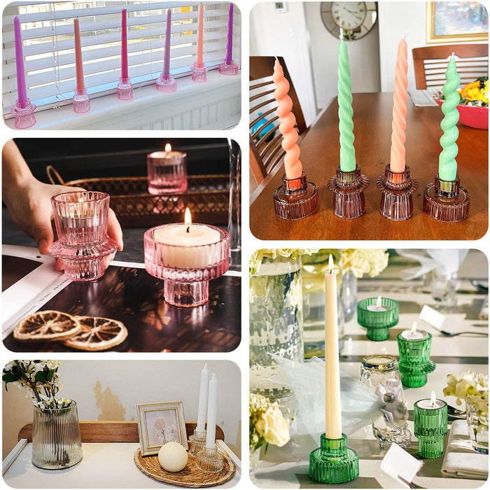 Set of 6 Hunter Emerald Green Ribbed Crystal Glass 3" Taper Candle Holders, Reversible Mini Votive Tealight Candle Stands