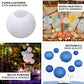 Set of 8 blue and white decorative hanging paper lanterns in assorted sizes.