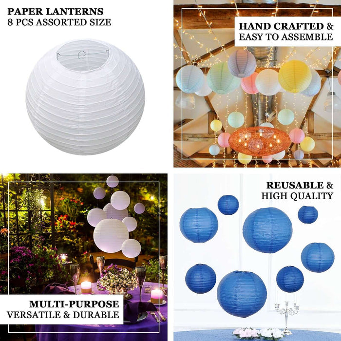 Set of 8 blue and white decorative hanging paper lanterns in assorted sizes.