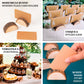 Set of 10 rustic wooden semicircle place card holders with brown paper cards.