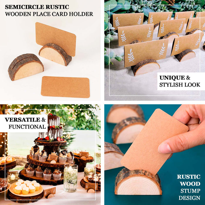 Set of 10 rustic wooden semicircle place card holders with brown paper cards.
