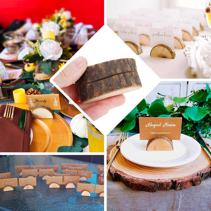 Natural wooden place card holders with brown paper cards for rustic weddings.