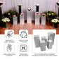 Set of 5 metallic silver spandex pedestal stand covers for events.