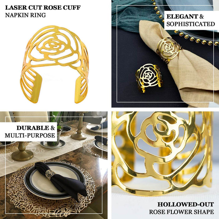 Shiny gold laser cut rose round metal napkin rings for elegant table decor.