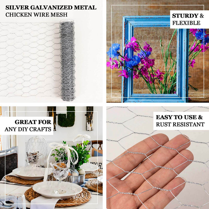Silver galvanized metal hexagonal chicken wire mesh for DIY crafts and gardening.