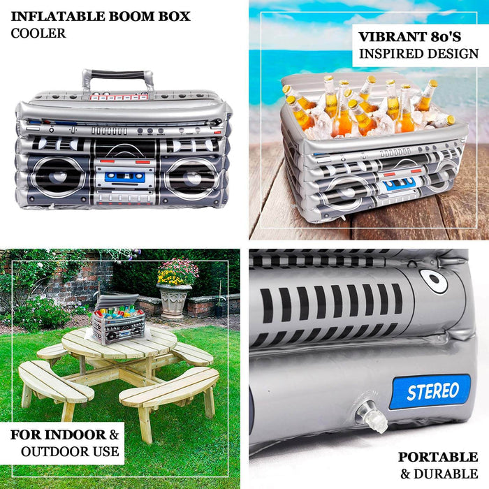 Silver Inflatable Boom Box Ice Beverage Cooler, 80's Themed Ice Box Container - 24"x12"