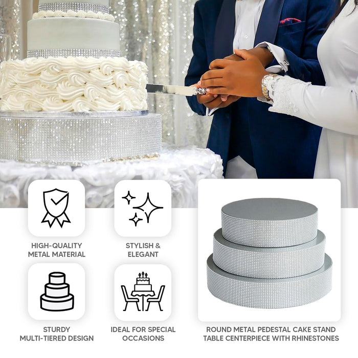 Silver round metal pedestal cake stand with rhinestones, perfect for dessert displays.
