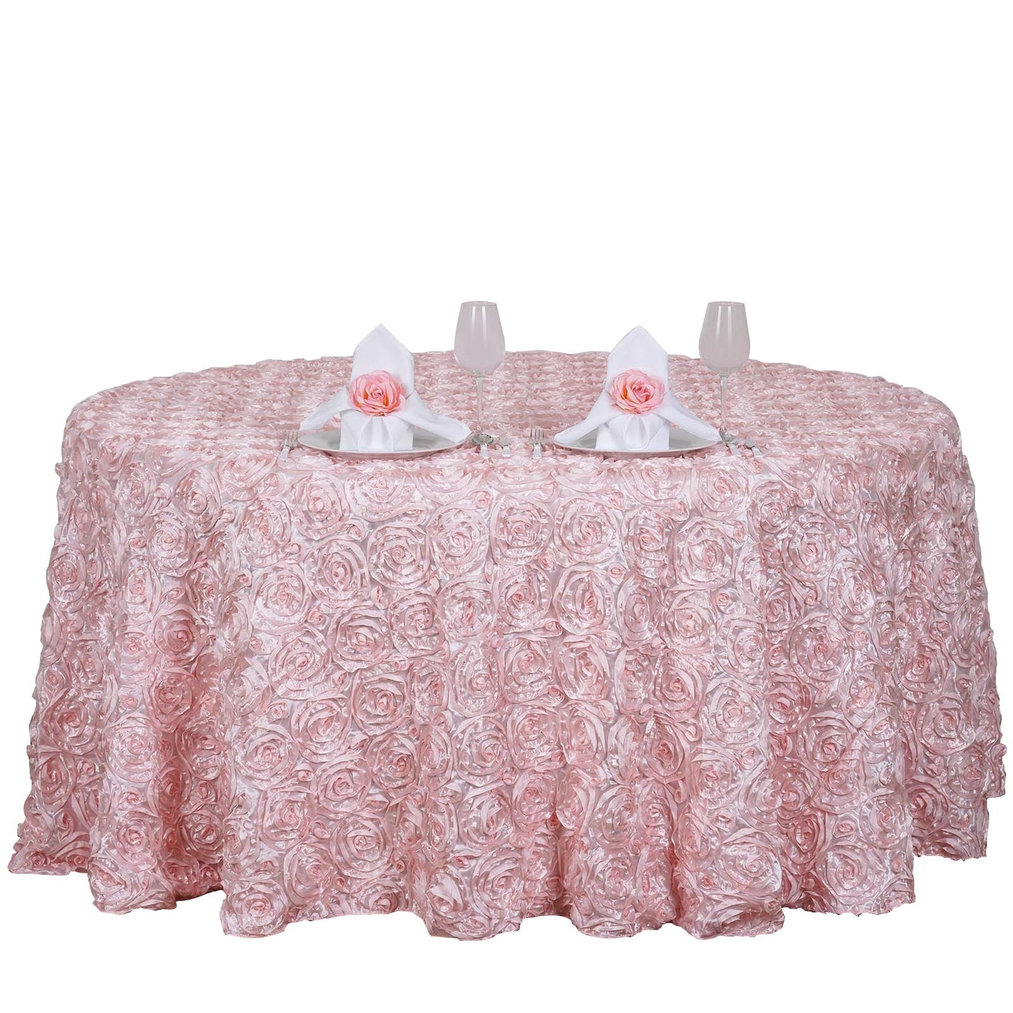 120 Inch Satin Round Tablecloth In Blush Rose Gold Grandiose 3D Rosette 