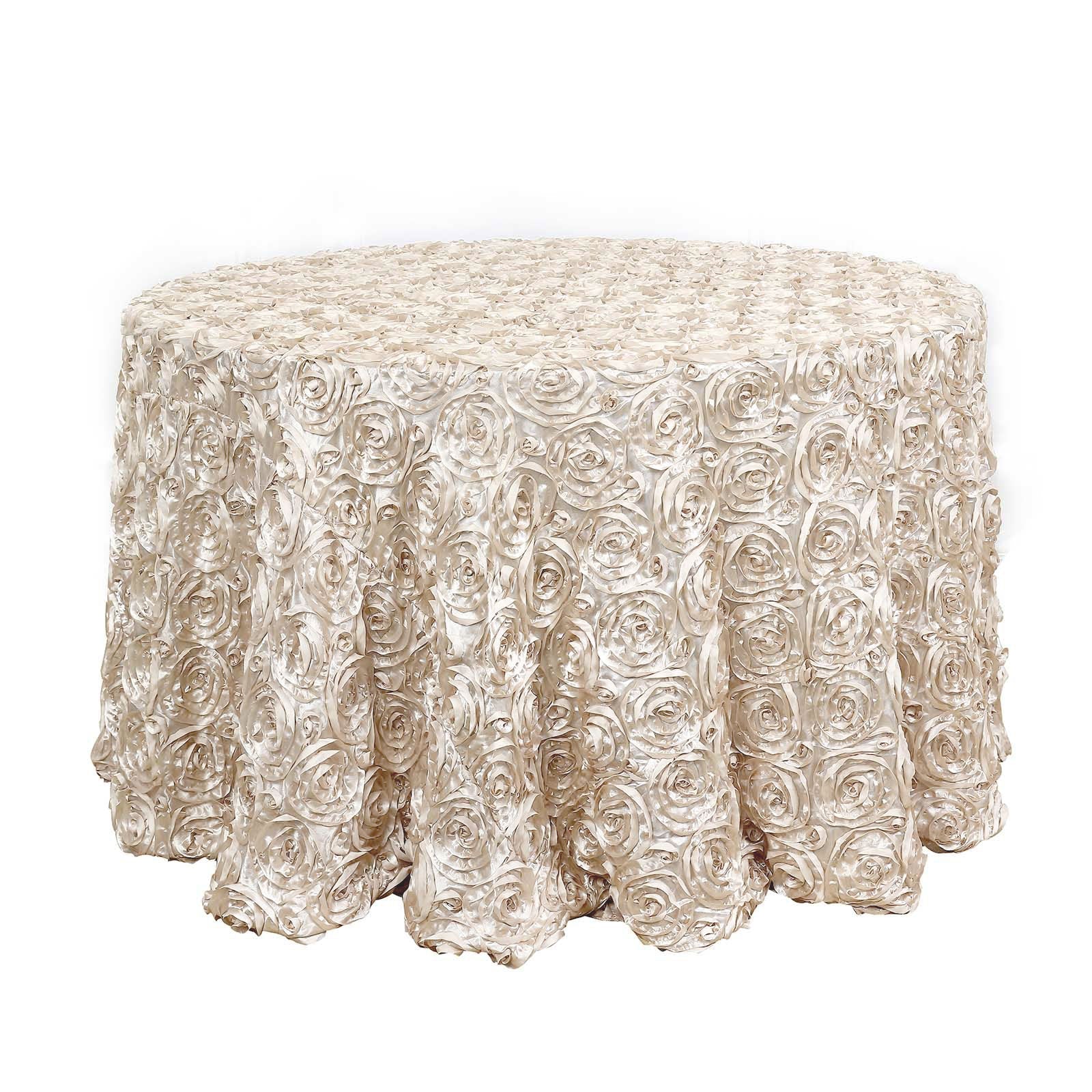 120 Inch Beige Satin Round Tablecloth With Grandiose 3D Rosette Design