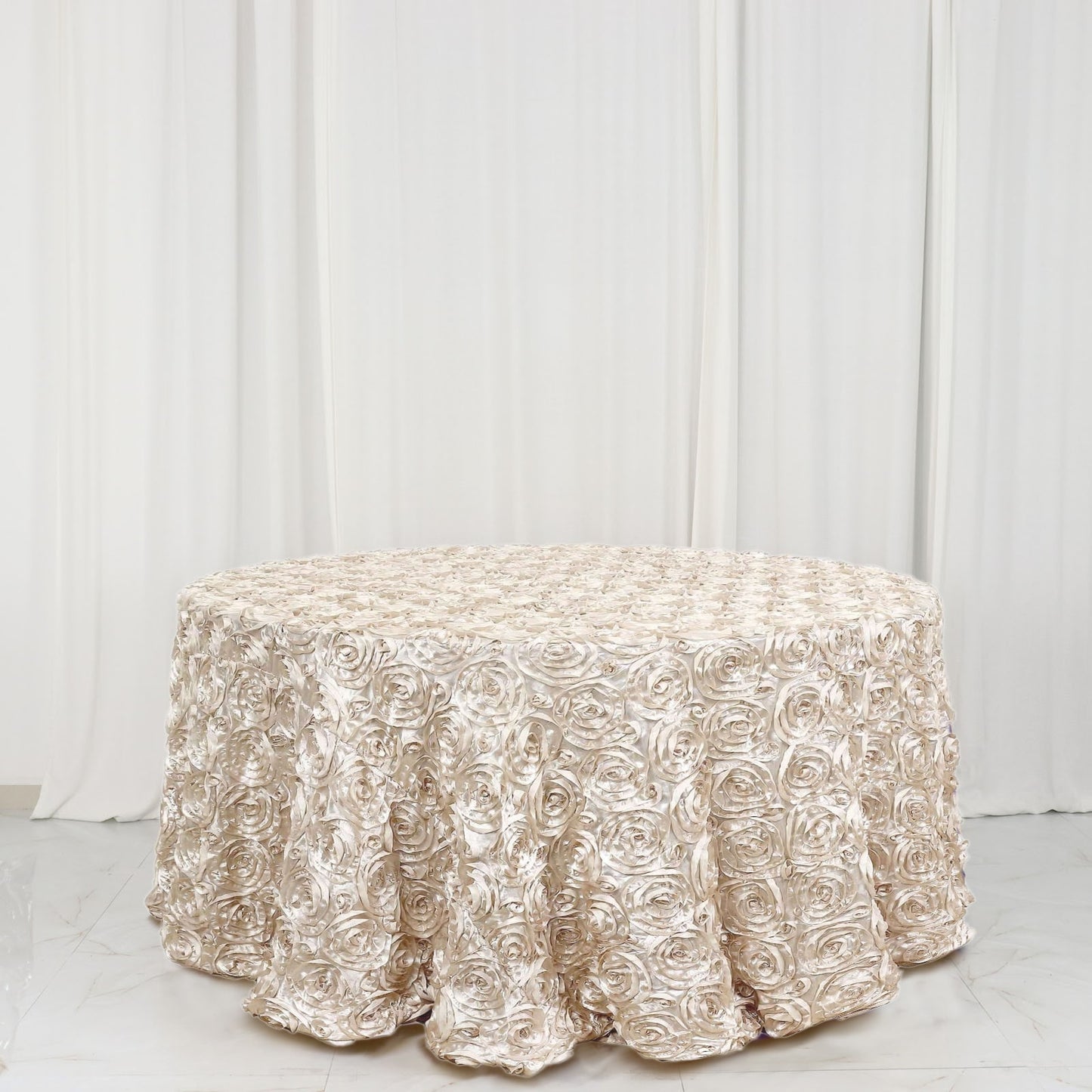 120" Beige Seamless Grandiose 3D Rosette Satin Round Tablecloth