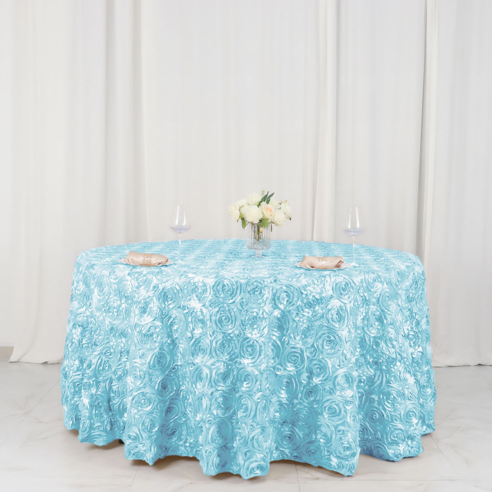 120inch Light Blue Grandiose 3D Rosette Satin Round Tablecloth