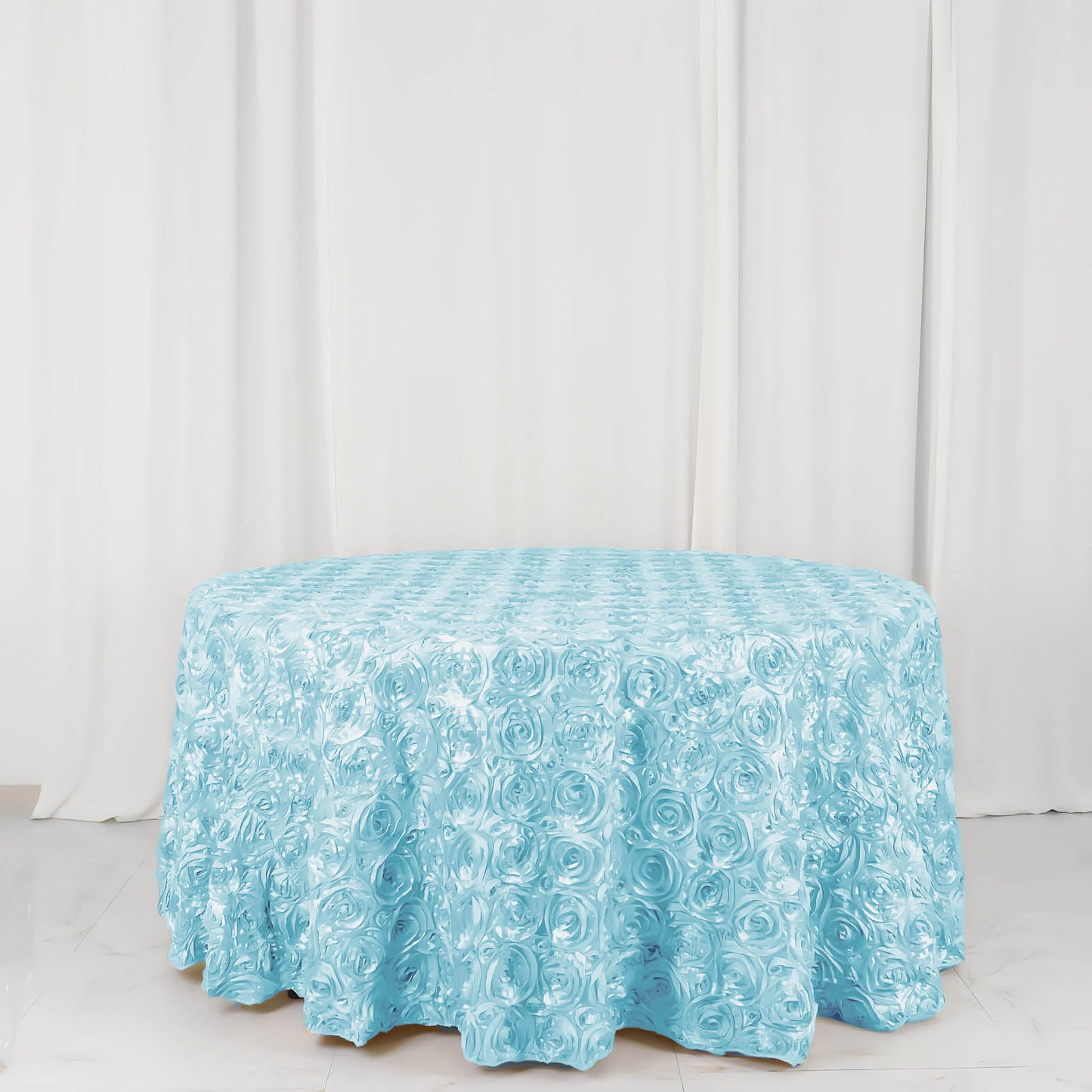 120" Light Blue Seamless Grandiose 3D Rosette Satin Round Tablecloth