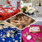 Purple 3D rosette satin round tablecloth for elegant table settings.