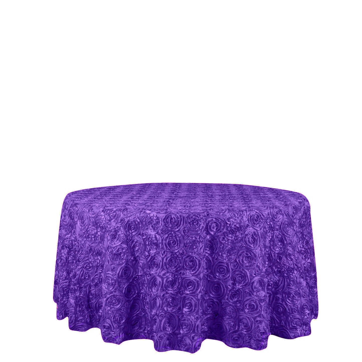 Purple satin round tablecloth with 3D rosettes, 120 inches in size.