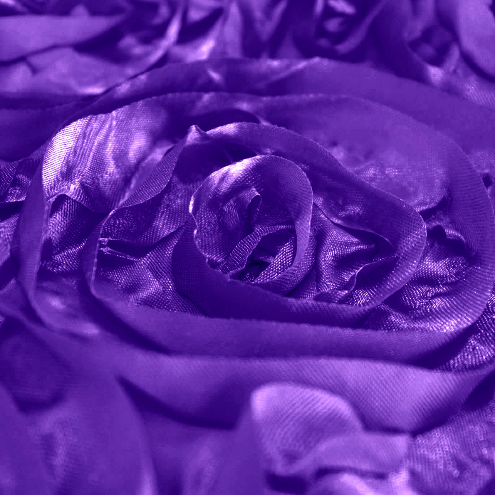 Purple satin round tablecloth with a grandiose rosette design.