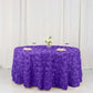 Purple satin round tablecloth with 3D rosettes.