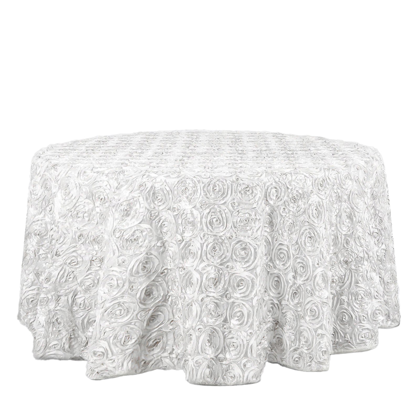 120inch White Grandiose 3D Rosette Satin Round Tablecloth