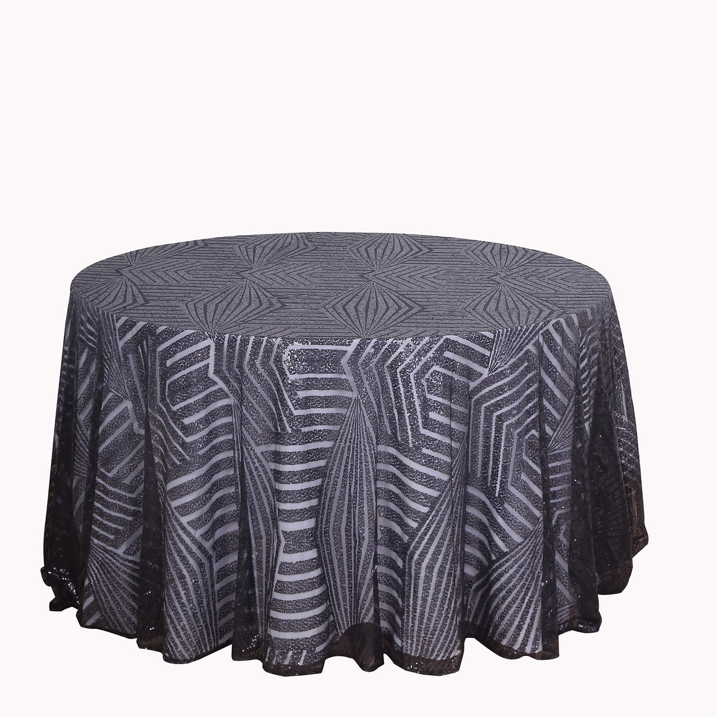 Black sequin round tablecloth with diamond glitz pattern.