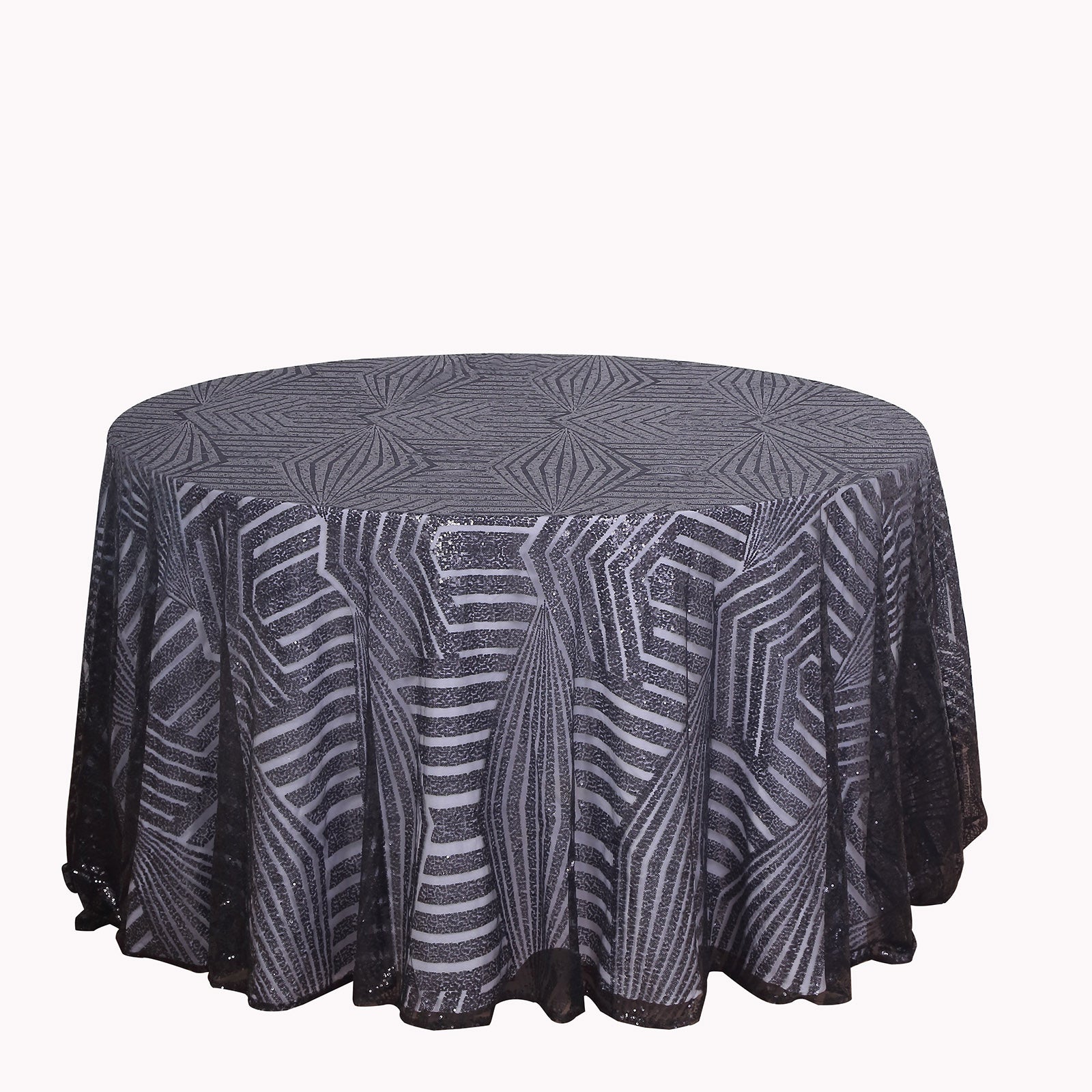 Black sequin round tablecloth with diamond glitz pattern.