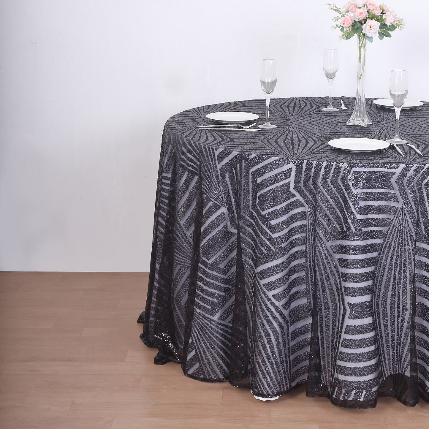 Black sequin round tablecloth with diamond glitz design.