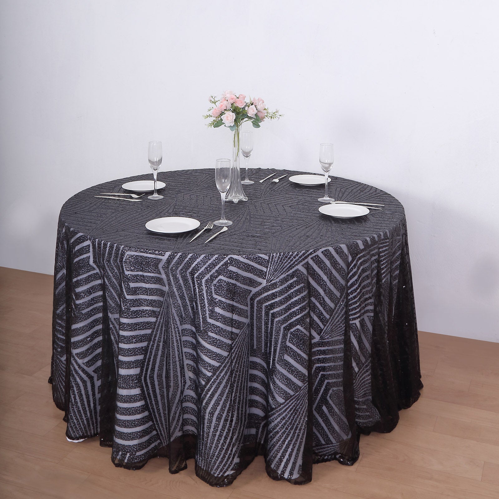 120" black seamless sequin round tablecloth with diamond glitz pattern.