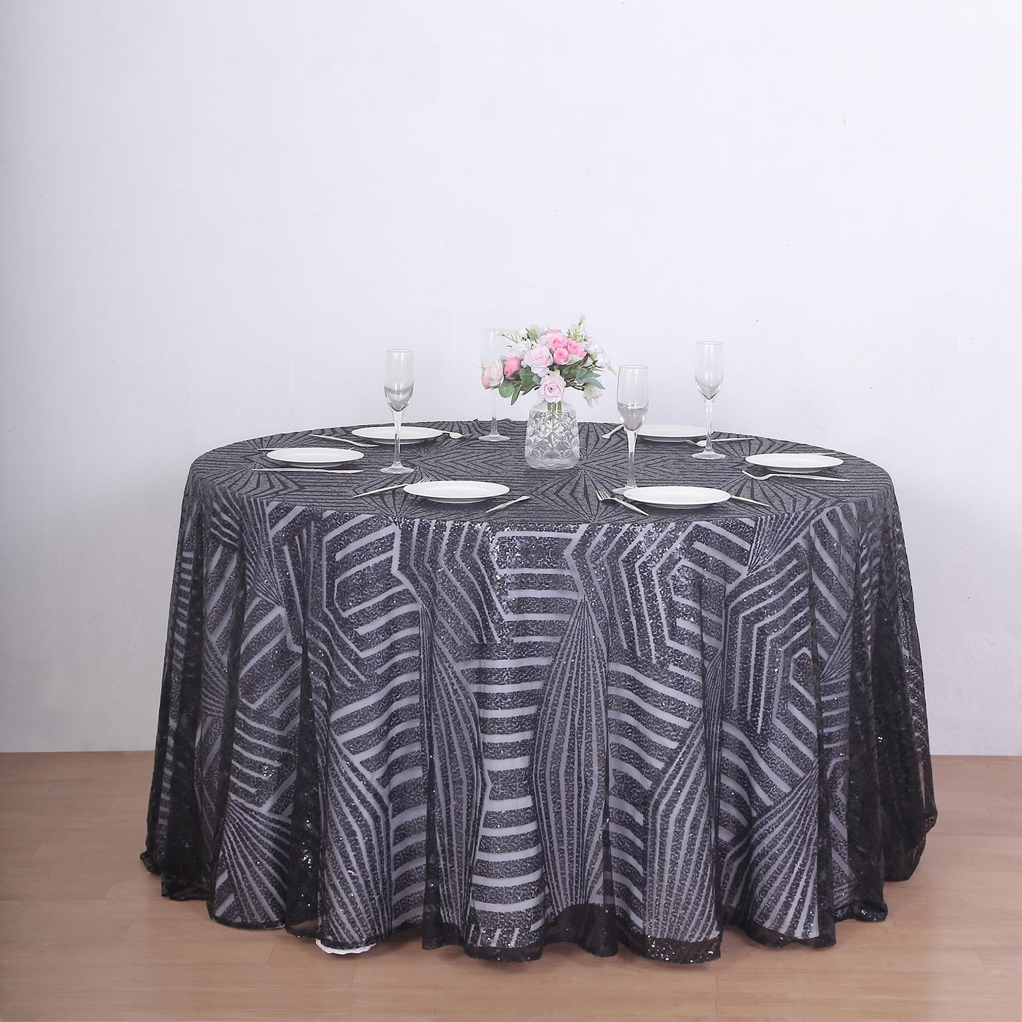 Black sequin round tablecloth with diamond glitz design.
