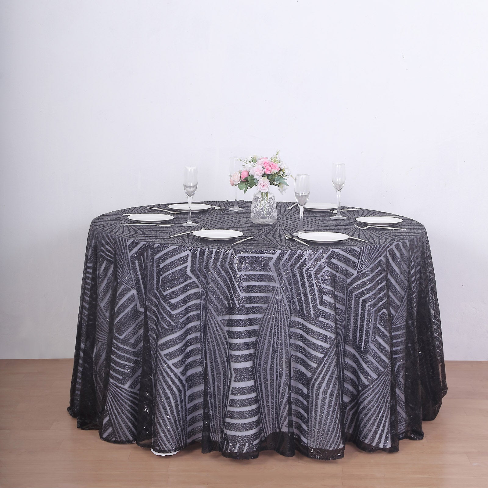 Black sequin round tablecloth with diamond glitz design.