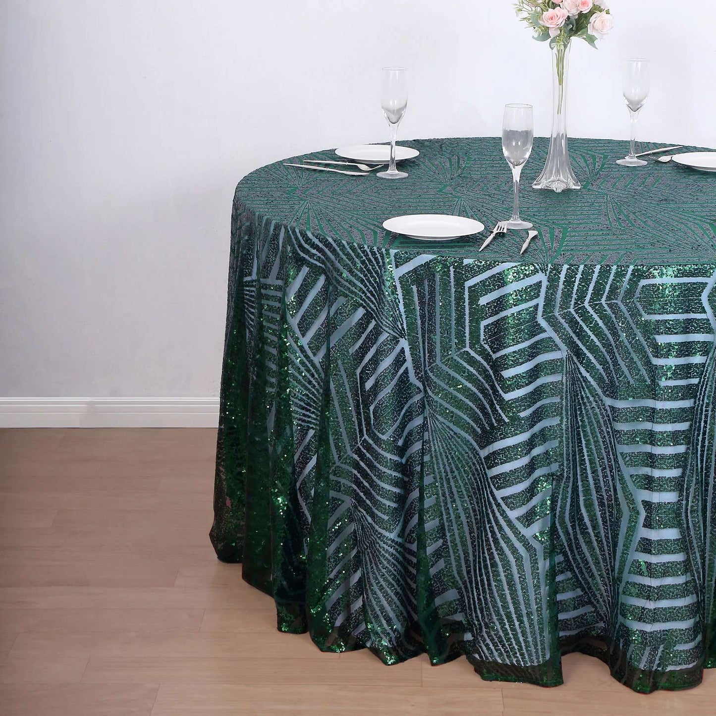 Emerald green sequin round tablecloth with diamond glitz design.