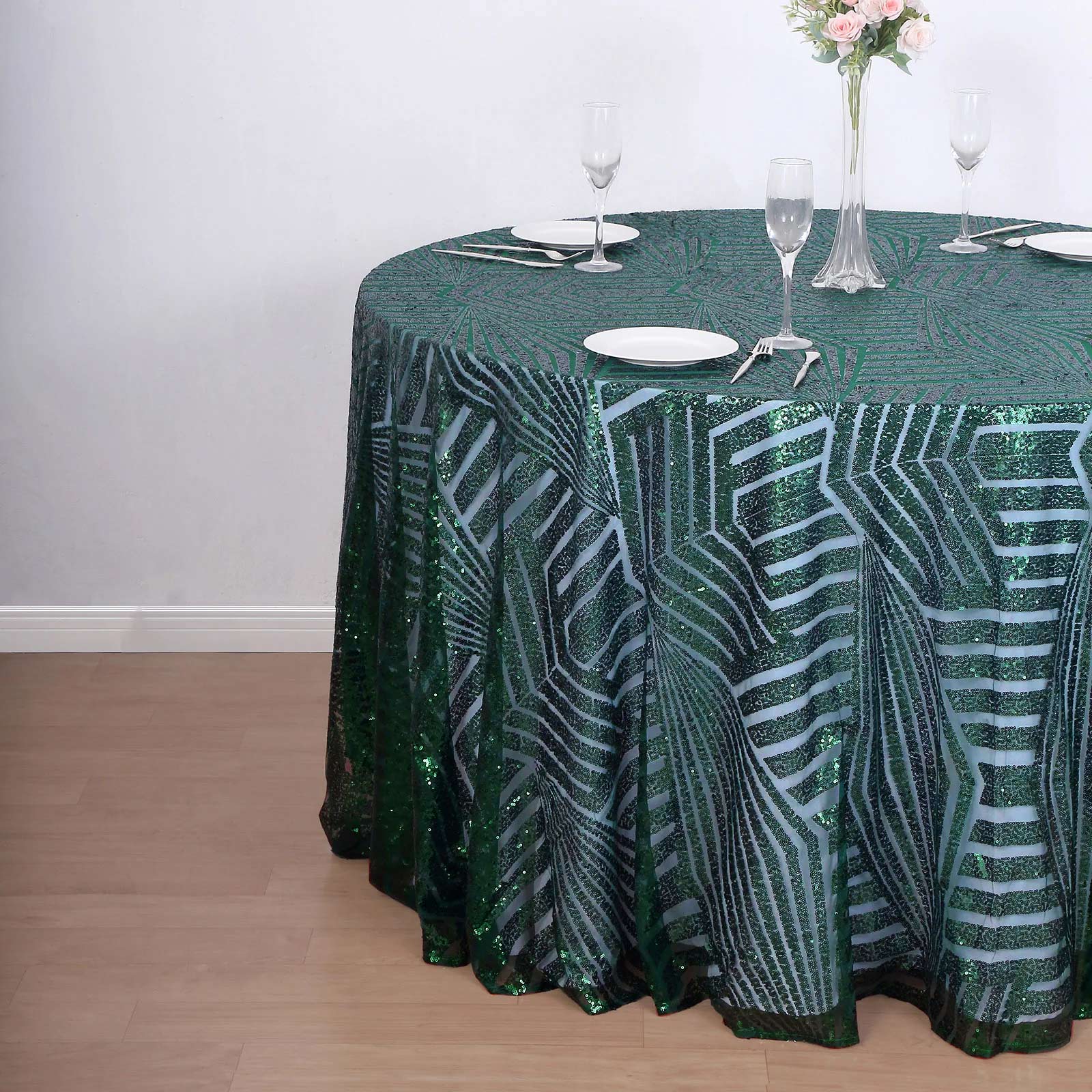 Emerald green sequin round tablecloth with diamond glitz design.
