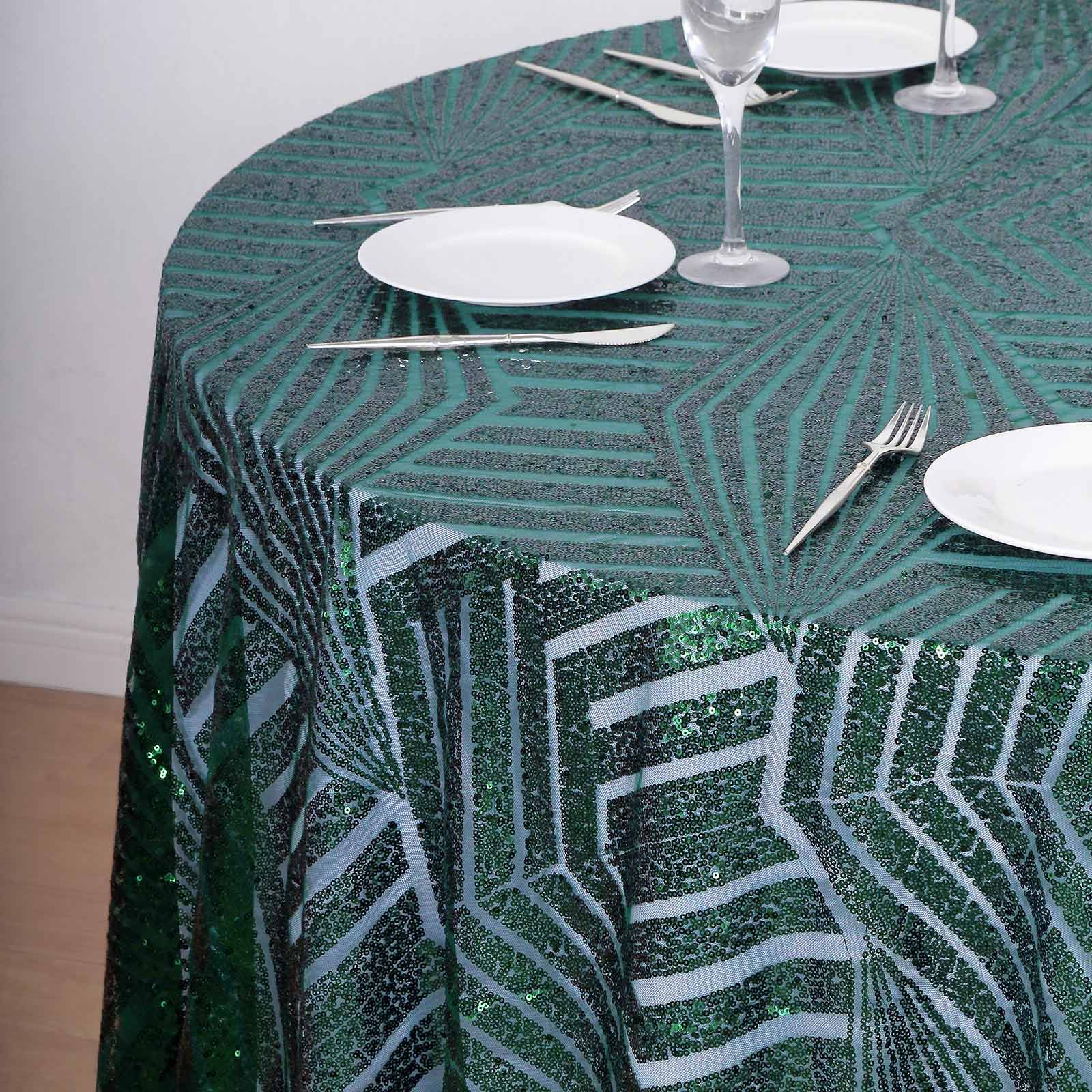 120" Emerald Green Sequin Round Tablecloth with Diamond Glitz Design