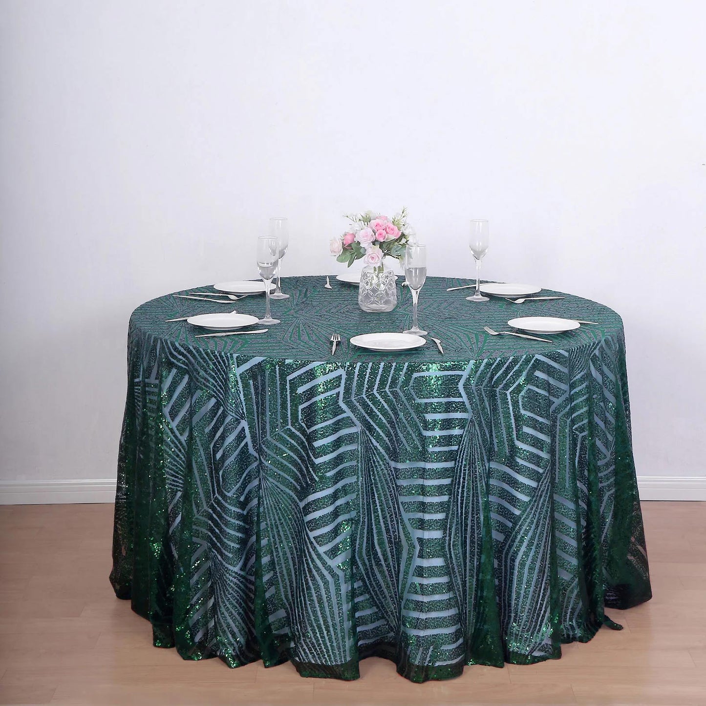 120" Emerald Green Sequin Round Tablecloth with Glitz Design