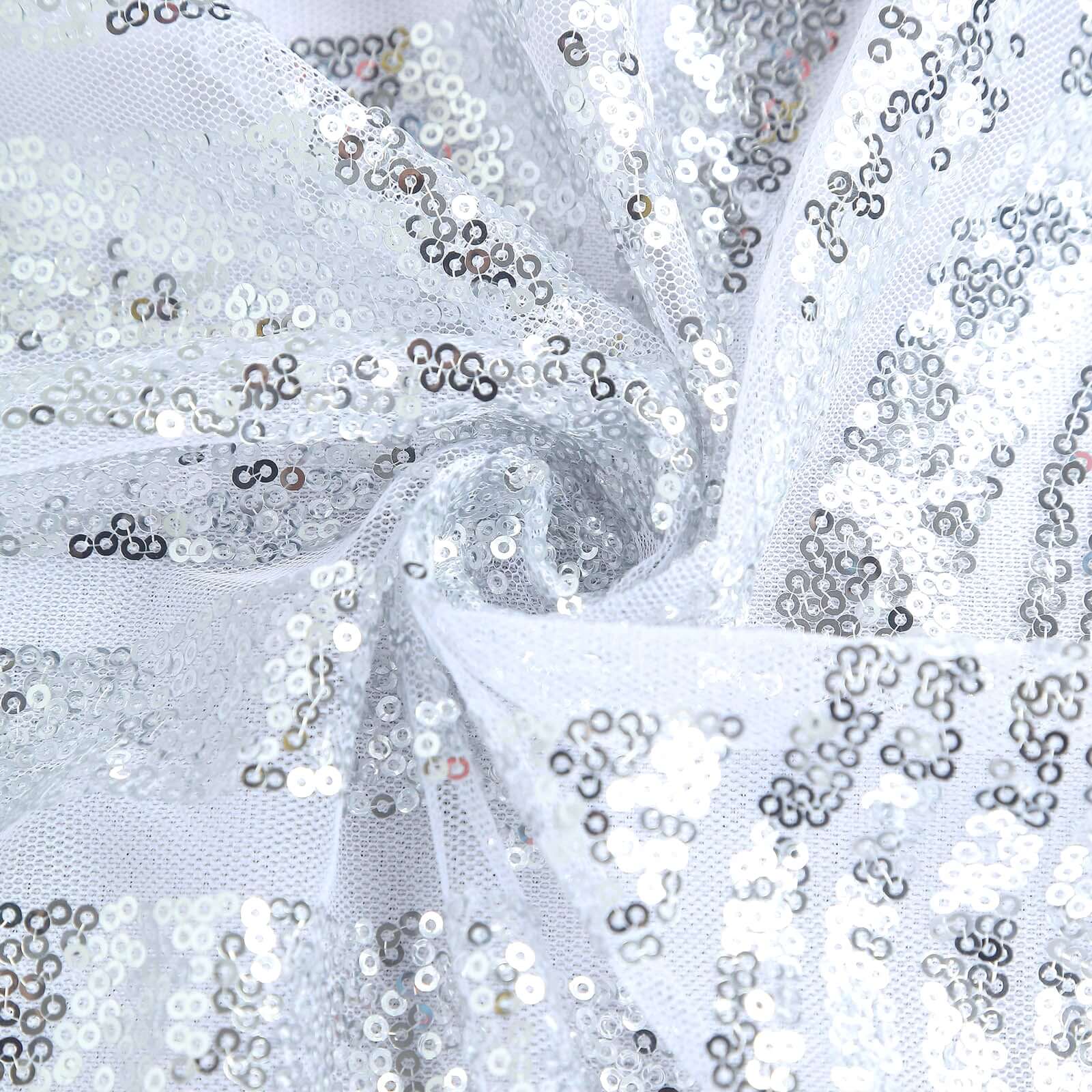 Silver sequin round tablecloth with seamless diamond glitz design. #whtbkgd